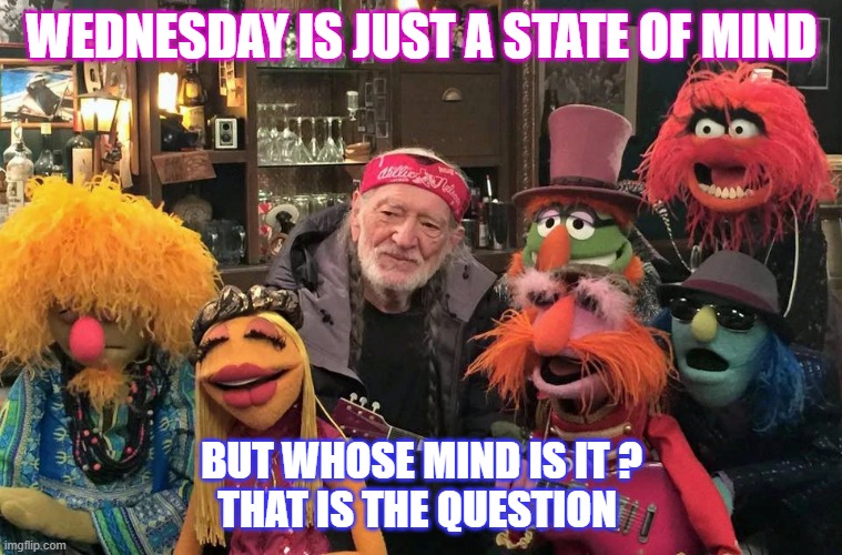 Willie and the Muppets | WEDNESDAY IS JUST A STATE OF MIND; BUT WHOSE MIND IS IT ?
THAT IS THE QUESTION | image tagged in willie and the muppets | made w/ Imgflip meme maker