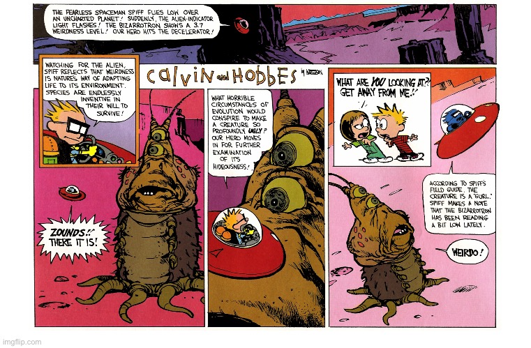 Spaceman Spiff encounters hostile female alien life… | image tagged in calvin and hobbes,comics,spaceman spiff,susie derkins,alien,gurl | made w/ Imgflip meme maker