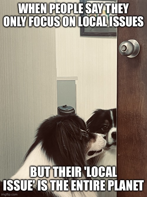 sarcastic | WHEN PEOPLE SAY THEY ONLY FOCUS ON LOCAL ISSUES; BUT THEIR 'LOCAL ISSUE' IS THE ENTIRE PLANET | image tagged in annoyed flint | made w/ Imgflip meme maker