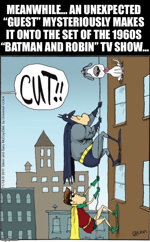 I always thought that they were really climbing up those buildings (jk)… | MEANWHILE… AN UNEXPECTED 
“GUEST” MYSTERIOUSLY MAKES 
IT ONTO THE SET OF THE 1960S 
“BATMAN AND ROBIN” TV SHOW… | image tagged in batman,comics,tv show,climbing up building,dog | made w/ Imgflip meme maker