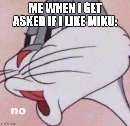 everyone thinks it's ragebait too bruh, its not. also don't say "sybau" in the comments like istg | ME WHEN I GET ASKED IF I LIKE MIKU: | image tagged in no | made w/ Imgflip meme maker