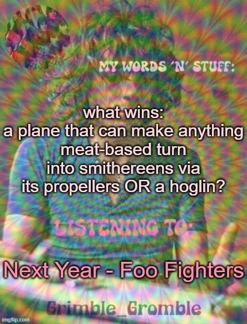 foxy501 type shi | what wins:
a plane that can make anything meat-based turn into smithereens via its propellers OR a hoglin? Next Year - Foo Fighters | image tagged in grimble_gromble psych announcement template | made w/ Imgflip meme maker