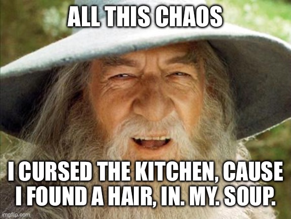 A Wizard Is Never Late | ALL THIS CHAOS I CURSED THE KITCHEN, CAUSE I FOUND A HAIR, IN. MY. SOUP. | image tagged in a wizard is never late | made w/ Imgflip meme maker