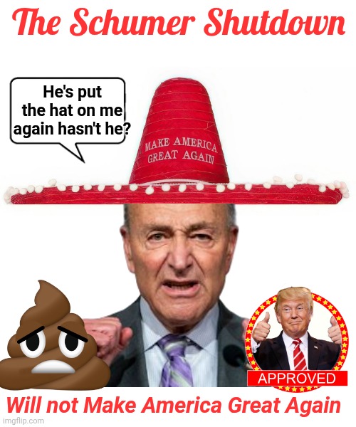 Schumer Shutdown Red Sombrero | The Schumer Shutdown; He's put the hat on me again hasn't he? Will not Make America Great Again | image tagged in chuck schumer,trump,approves | made w/ Imgflip meme maker