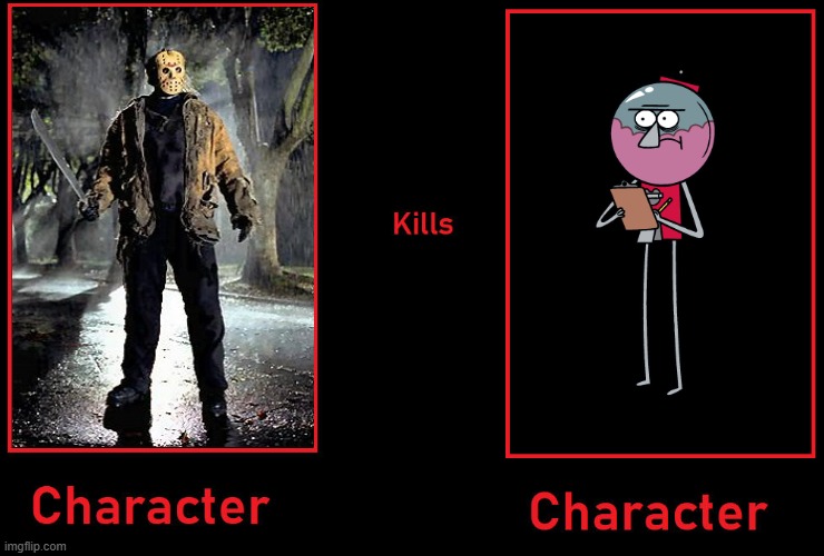 Jason Voorhees Kills Benson Dunwoody | image tagged in character kills character,friday the 13th,regular show,jason voorhees,benson,killing | made w/ Imgflip meme maker