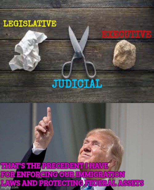 Civics for Dummies and other Libtards | EXECUTIVE; LEGISLATIVE; JUDICIAL; THAT'S THE PRECEDENT I HAVE FOR ENFORCING OUR IMMIGRATION LAWS AND PROTECTING FEDERAL ASSETS | image tagged in rock paper scissors,trump pointing up | made w/ Imgflip meme maker