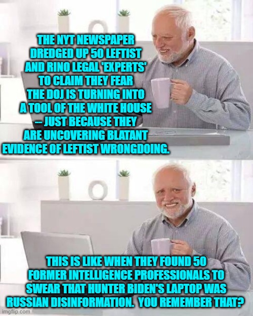 The NYT depends on Democrats being too stupid to remember such things. | THE NYT NEWSPAPER DREDGED UP 50 LEFTIST AND RINO LEGAL 'EXPERTS' TO CLAIM THEY FEAR THE DOJ IS TURNING INTO A TOOL OF THE WHITE HOUSE -- JUST BECAUSE THEY ARE UNCOVERING BLATANT EVIDENCE OF LEFTIST WRONGDOING. THIS IS LIKE WHEN THEY FOUND 50 FORMER INTELLIGENCE PROFESSIONALS TO SWEAR THAT HUNTER BIDEN'S LAPTOP WAS RUSSIAN DISINFORMATION.  YOU REMEMBER THAT? | image tagged in hide the pain harold | made w/ Imgflip meme maker