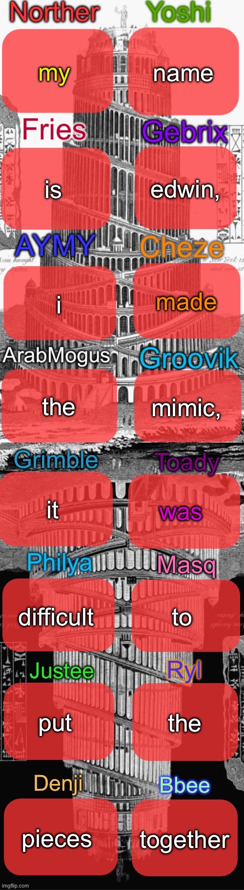 Tower of Babel shared temp extended | name; my; is; edwin, made; i; the; mimic, it; was; difficult; to; put; the; pieces; together | image tagged in tower of babel shared temp extended | made w/ Imgflip meme maker