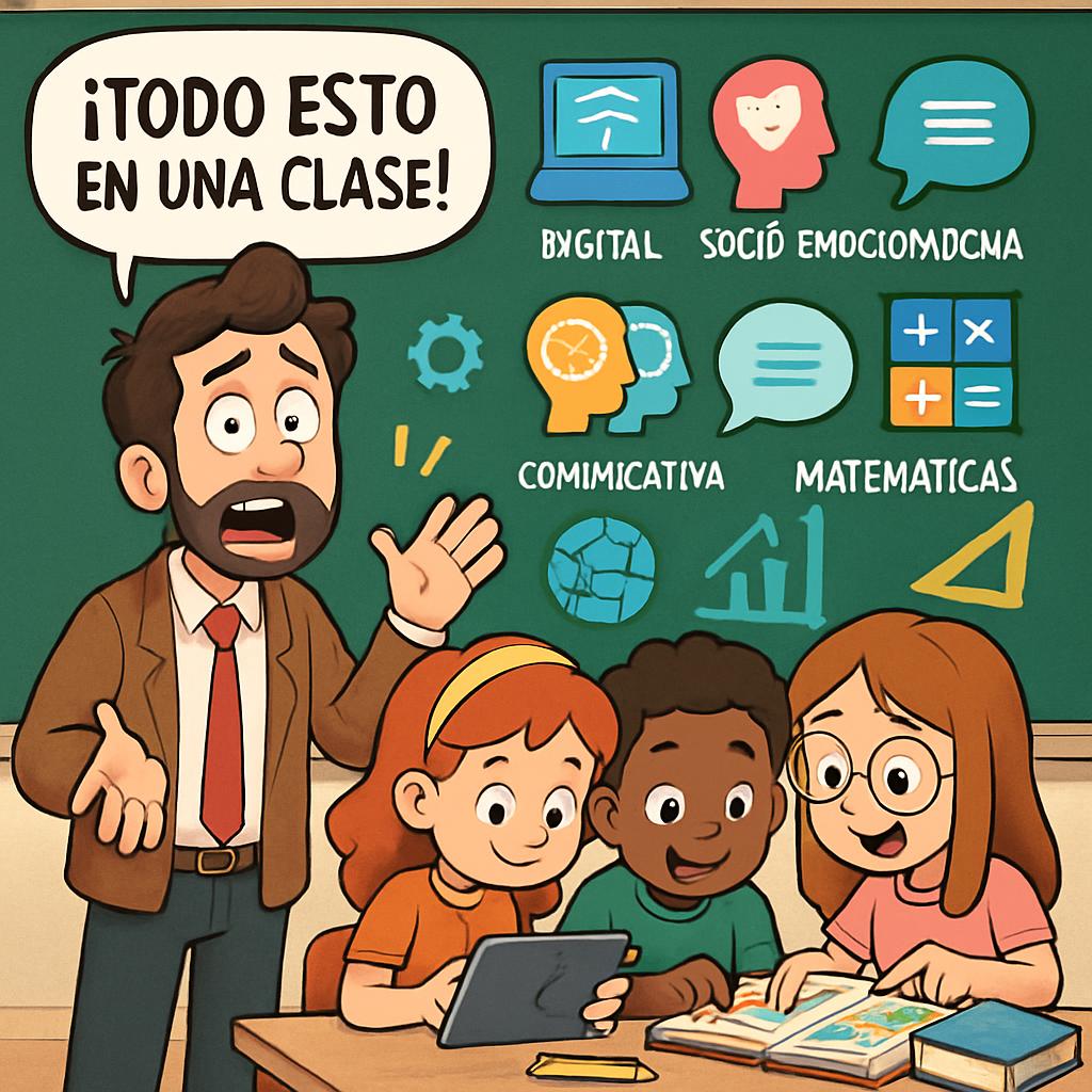 Un docente frente a un pizarrón lleno de iconos de distintas com Blank Meme Template