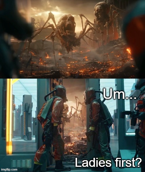Peacemaker Season 2 Episode 8 Finale | Um... Ladies first? | image tagged in skull,spiders,dc,dc comics,superman | made w/ Imgflip meme maker