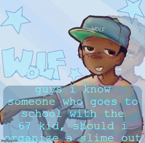 Foxed Wolf Temp 3 | guys i know someone who goes to school with the 67 kid, should i organize a slime out | image tagged in foxed wolf temp 3 | made w/ Imgflip meme maker