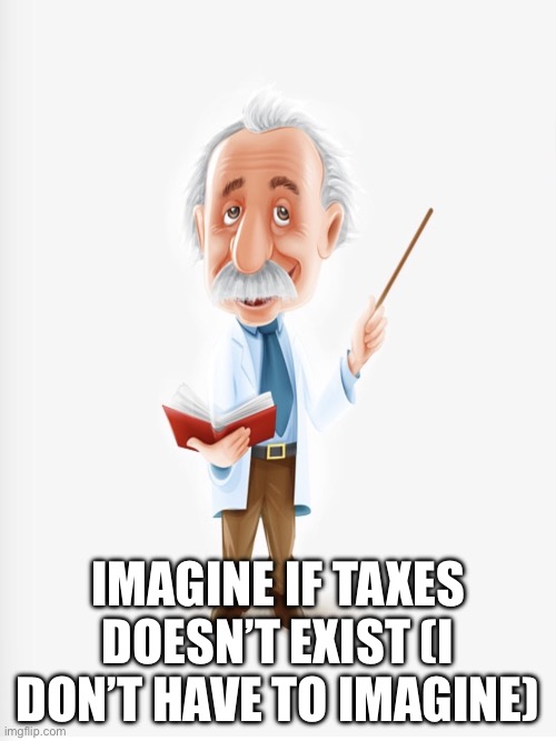 Albert Einstein | IMAGINE IF TAXES DOESN’T EXIST (I DON’T HAVE TO IMAGINE) | image tagged in albert einstein | made w/ Imgflip meme maker