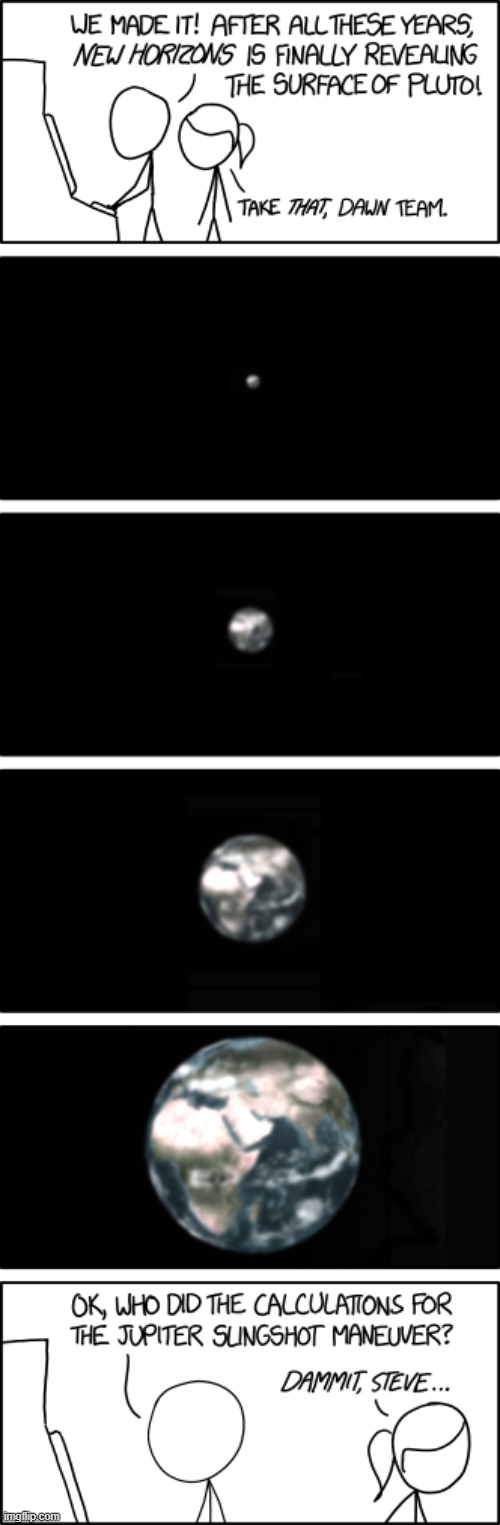 "Last-minute course change: Let's see if we can hit Steve's house." | image tagged in new horizons,pluto,earth,calculations,slingshot maneuver,steve | made w/ Imgflip meme maker
