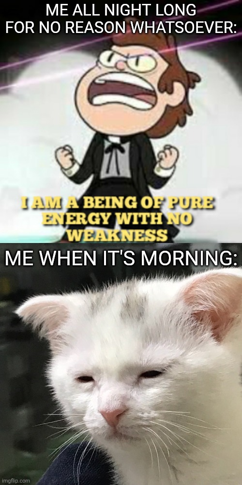 Image title | ME ALL NIGHT LONG FOR NO REASON WHATSOEVER:; ME WHEN IT'S MORNING: | image tagged in i'm awake but at what cost,memes,funny,relatable | made w/ Imgflip meme maker