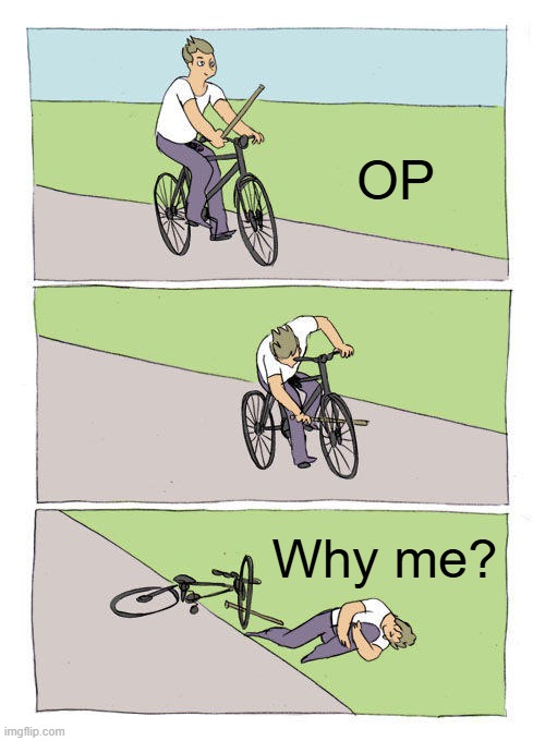 Bike Fall Meme | OP; Why me? | image tagged in memes,bike fall | made w/ Imgflip meme maker