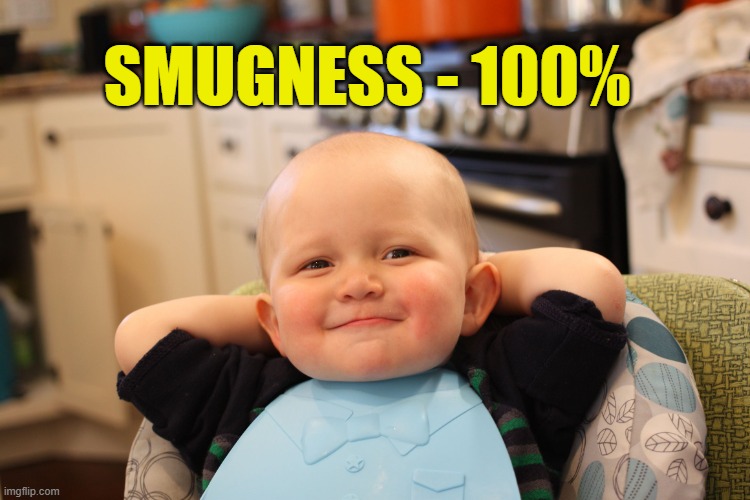 SMUGNESS - 100% | image tagged in baby boss relaxed smug content | made w/ Imgflip meme maker