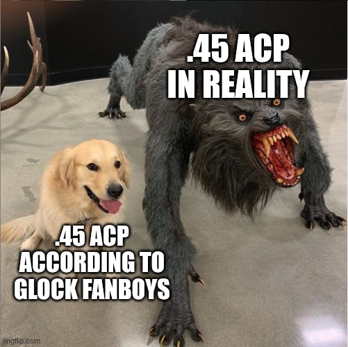 God's caliber | .45 ACP IN REALITY; .45 ACP ACCORDING TO GLOCK FANBOYS | image tagged in dog vs werewolf,guns,firearms | made w/ Imgflip meme maker