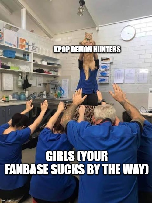 *mic drop* | KPOP DEMON HUNTERS; GIRLS (YOUR FANBASE SUCKS BY THE WAY) | image tagged in people worshipping the cat | made w/ Imgflip meme maker