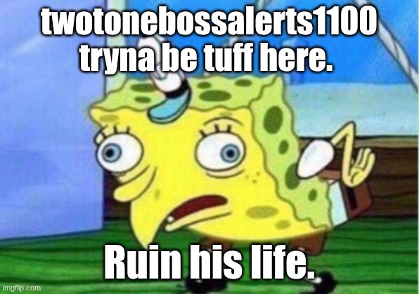 Get his not knowing how to spell f*ck ass | twotonebossalerts1100 tryna be tuff here. Ruin his life. | image tagged in memes,mocking spongebob | made w/ Imgflip meme maker