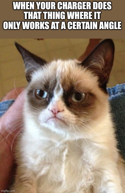 Just happened to me 6 or 7 days ago | WHEN YOUR CHARGER DOES THAT THING WHERE IT ONLY WORKS AT A CERTAIN ANGLE | image tagged in memes,grumpy cat | made w/ Imgflip meme maker