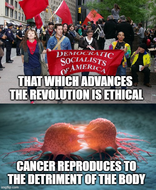 The collective must grow at all costs | THAT WHICH ADVANCES 
THE REVOLUTION IS ETHICAL; CANCER REPRODUCES TO
THE DETRIMENT OF THE BODY | image tagged in marxism | made w/ Imgflip meme maker
