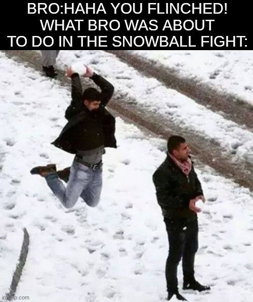 snowball fights | BRO:HAHA YOU FLINCHED!
WHAT BRO WAS ABOUT TO DO IN THE SNOWBALL FIGHT: | image tagged in snowball attack,memes,snow | made w/ Imgflip meme maker