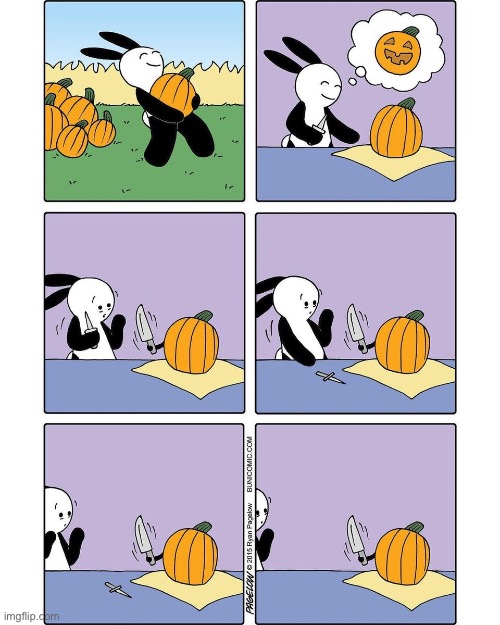 image tagged in comics,buni comics,pumpkin,carve,knife,on second thought | made w/ Imgflip meme maker