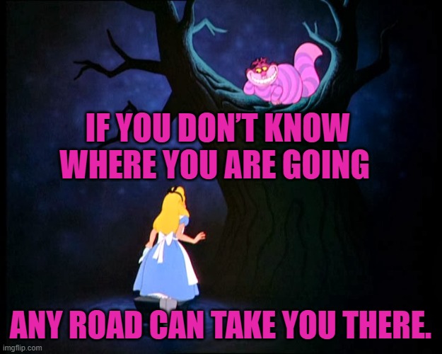 Cheshire Cat | IF YOU DON’T KNOW WHERE YOU ARE GOING; ANY ROAD CAN TAKE YOU THERE. | image tagged in cheshire cat | made w/ Imgflip meme maker