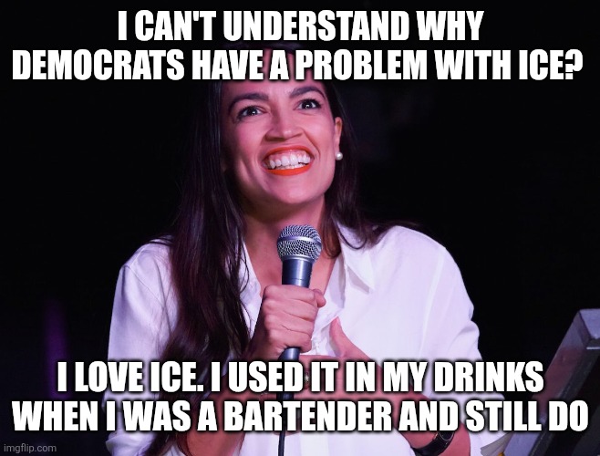 Love ICE | I CAN'T UNDERSTAND WHY DEMOCRATS HAVE A PROBLEM WITH ICE? I LOVE ICE. I USED IT IN MY DRINKS WHEN I WAS A BARTENDER AND STILL DO | image tagged in aoc crazy,funny memes | made w/ Imgflip meme maker