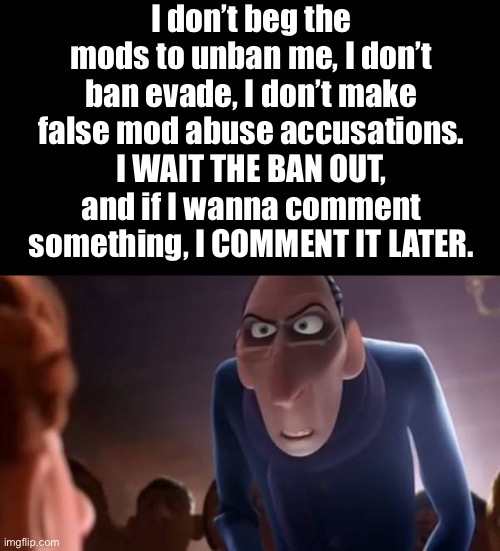 Some of y’all really gotta take notes | I don’t beg the mods to unban me, I don’t ban evade, I don’t make false mod abuse accusations. I WAIT THE BAN OUT, and if I wanna comment something, I COMMENT IT LATER. | made w/ Imgflip meme maker