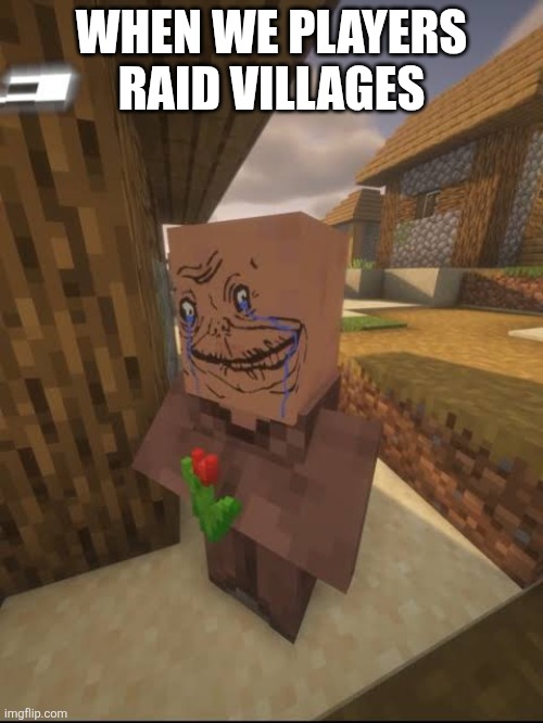 When player  rails Village in minecraft | WHEN WE PLAYERS RAID VILLAGES | image tagged in sad villiger | made w/ Imgflip meme maker