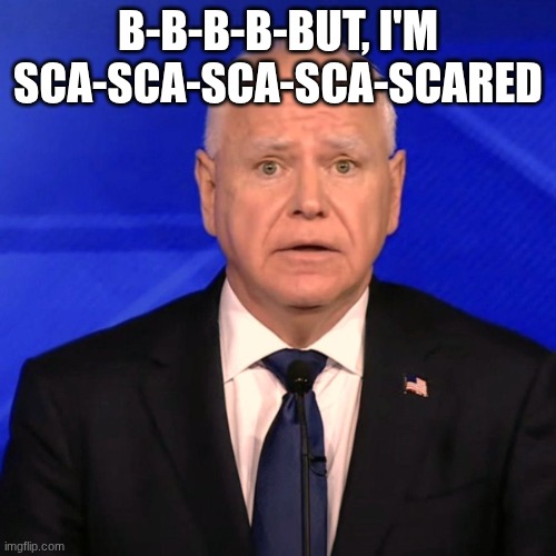 Tim Walz Debate 2024 | B-B-B-B-BUT, I'M SCA-SCA-SCA-SCA-SCARED | image tagged in tim walz debate 2024 | made w/ Imgflip meme maker