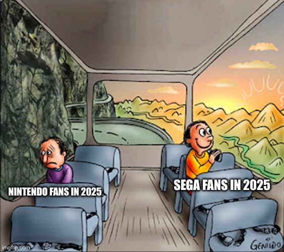 Paying $80 on a scenery game vs. Paying $80 for an actual racing game | SEGA FANS IN 2025; NINTENDO FANS IN 2025 | image tagged in two side of a school bus | made w/ Imgflip meme maker