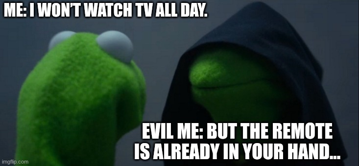 mem | ME: I WON’T WATCH TV ALL DAY. EVIL ME: BUT THE REMOTE IS ALREADY IN YOUR HAND... | image tagged in memes,evil kermit | made w/ Imgflip meme maker