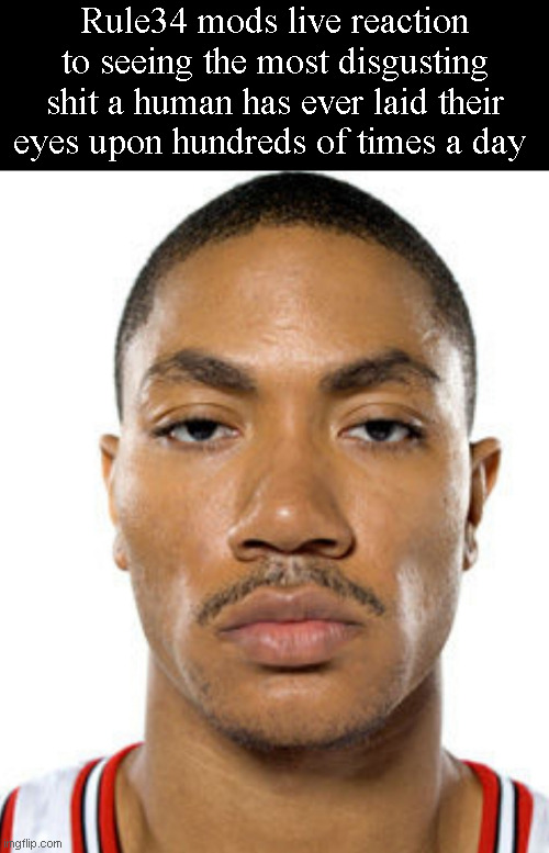 They probably goon to half of it. | Rule34 mods live reaction to seeing the most disgusting shit a human has ever laid their eyes upon hundreds of times a day | image tagged in derrick rose straight face,r34,rule 34 | made w/ Imgflip meme maker