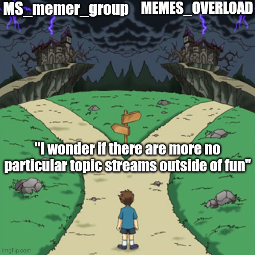 Two paths but both are bad | MS_memer_group; MEMES_OVERLOAD; "I wonder if there are more no particular topic streams outside of fun" | image tagged in two paths but both are bad | made w/ Imgflip meme maker