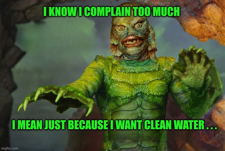 Modern Problems | I KNOW I COMPLAIN TOO MUCH; I MEAN JUST BECAUSE I WANT CLEAN WATER . . . | image tagged in modern problems,creature from black lagoon,pollution,water,one does not simply | made w/ Imgflip meme maker