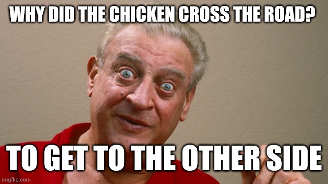 Why did the Chicken | WHY DID THE CHICKEN CROSS THE ROAD? TO GET TO THE OTHER SIDE | image tagged in rodney dangerfield,funny memes | made w/ Imgflip meme maker