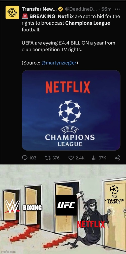 WTF NETFLIX ToT | BOXING | image tagged in grim reaper 4 doors,netflix,champions league,sports,funny,memes | made w/ Imgflip meme maker