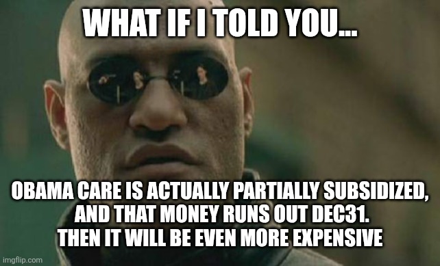 Matrix Morpheus | WHAT IF I TOLD YOU... OBAMA CARE IS ACTUALLY PARTIALLY SUBSIDIZED,
 AND THAT MONEY RUNS OUT DEC31.
 THEN IT WILL BE EVEN MORE EXPENSIVE | image tagged in memes,matrix morpheus,funny memes | made w/ Imgflip meme maker