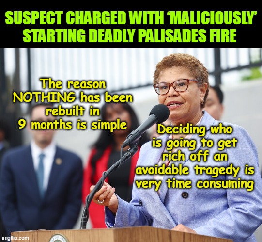 NY ? Think TWICE before YOU elect a Buffon too | SUSPECT CHARGED WITH ‘MALICIOUSLY’ STARTING DEADLY PALISADES FIRE; The reason NOTHING has been rebuilt in 9 months is simple; Deciding who is going to get rich off an avoidable tragedy is very time consuming | image tagged in karen bass rebuilding arsonist caught meme | made w/ Imgflip meme maker