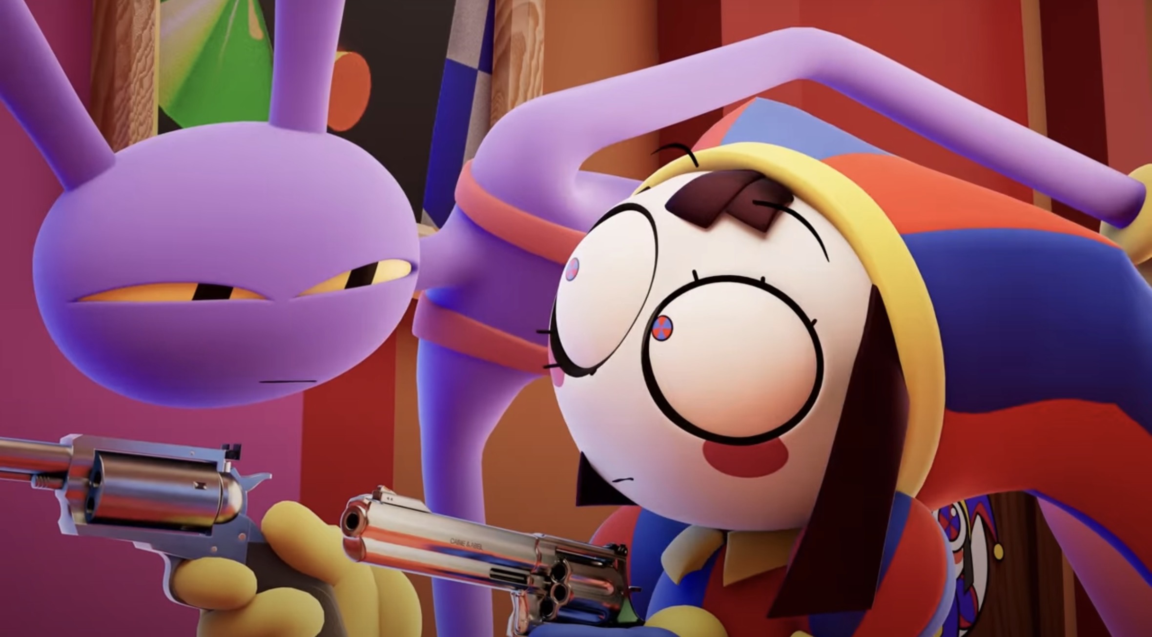 Jax & Pomni with Guns Blank Meme Template