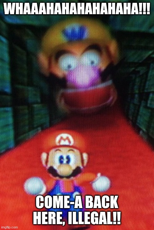 Wario Chasing Mario | WHAAAHAHAHAHAHAHA!!! COME-A BACK HERE, ILLEGAL!! | image tagged in wario chasing mario | made w/ Imgflip meme maker