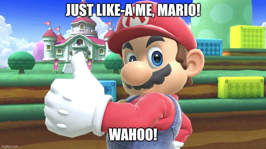 Mario thumbs up | JUST LIKE-A ME, MARIO! WAHOO! | image tagged in mario thumbs up | made w/ Imgflip meme maker