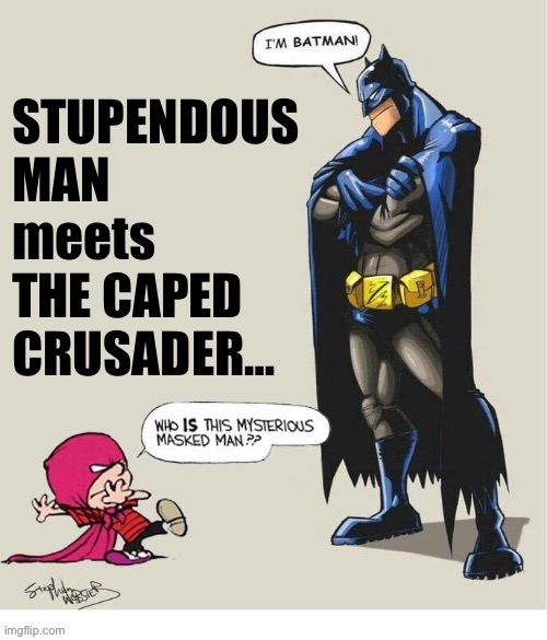 A meeting of EPIC proportions! | image tagged in calvin and hobbes,batman,crossover,caped crusader,stupendous man,superheroes | made w/ Imgflip meme maker