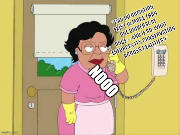 Quantum Custodian | "CAN INFORMATION EXIST IN MORE THAN ONE UNIVERSE AT ONCE—AND IF SO, WHAT ENFORCES ITS CONSERVATION ACROSS REALITIES?"; NOOO | image tagged in consuela,multiverse,quantum physics,the big bang theory | made w/ Imgflip meme maker