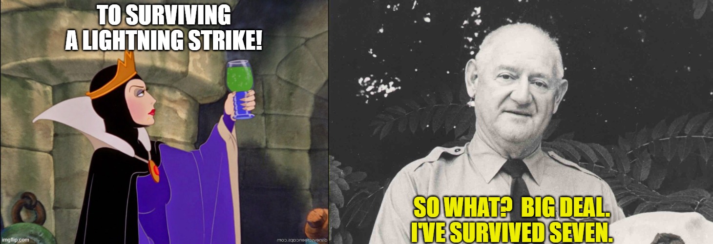 The "Spark Ranger" is bored with Disney's evil queen | TO SURVIVING
A LIGHTNING STRIKE! SO WHAT?  BIG DEAL.
I'VE SURVIVED SEVEN. | image tagged in evil queen,disney villain,snow white,park ranger,roy sullivan,lightning | made w/ Imgflip meme maker