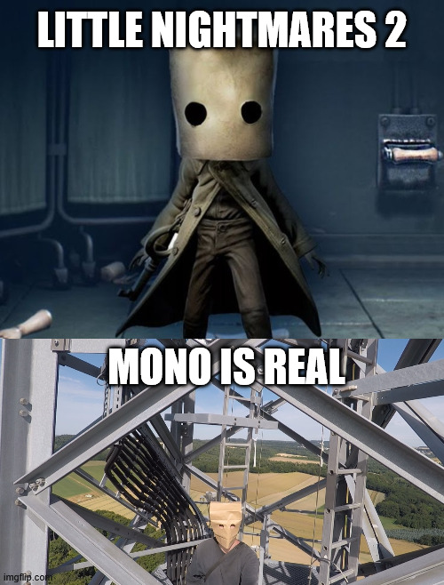 Mono, Little Nightmares 2 | LITTLE NIGHTMARES 2; MONO IS REAL | image tagged in lattice climbing,baghead climber,little nightmares 2,gaming,creepypasta,dark humor | made w/ Imgflip meme maker