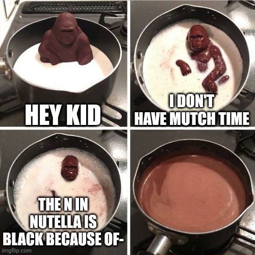chocolate gorilla | HEY KID; I DON'T HAVE MUTCH TIME; THE N IN NUTELLA IS BLACK BECAUSE OF- | image tagged in chocolate gorilla | made w/ Imgflip meme maker