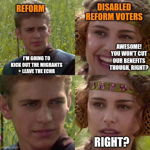 Action... and cut! | DISABLED REFORM VOTERS; REFORM; AWESOME! YOU WON'T CUT OUR BENEFITS THOUGH, RIGHT? I'M GOING TO KICK OUT THE MIGRANTS + LEAVE THE ECHR; RIGHT? | image tagged in farage,reformuk,fafo,popcorn,xmasturkeys | made w/ Imgflip meme maker